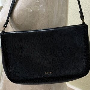 THE SAK Minimalist Black Pebbled Leather Shoulder Bag with Crochet Accent Trim